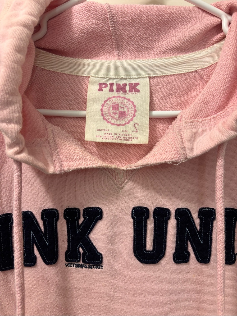 vintage Victoria’s Secret Pink University short-sleeve hoodie, size small Y2K